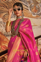 Pink Golden Double Tone Weaving Banarasi Silk Saree