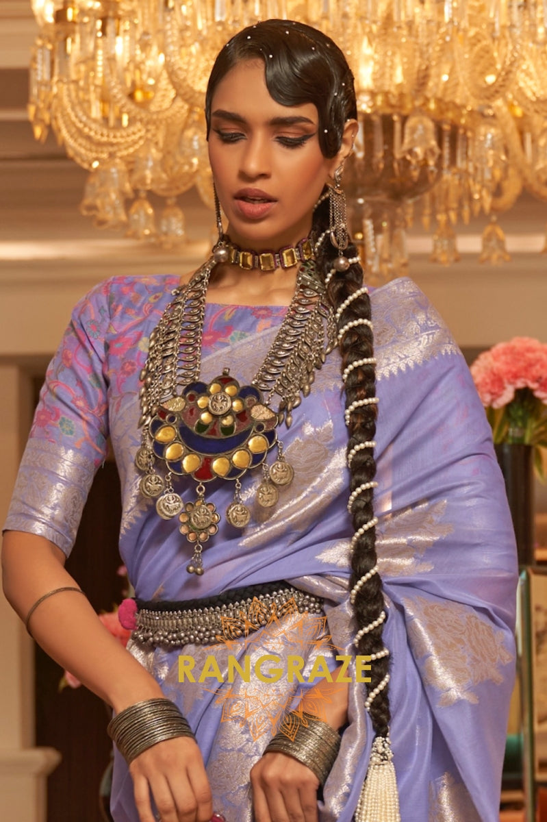 Lilac Lavender Woven Silk Saree With Kashmiri Pallu