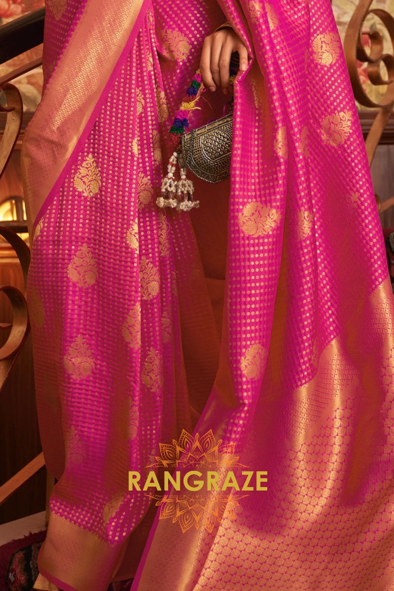 Pink Golden Double Tone Weaving Banarasi Silk Saree