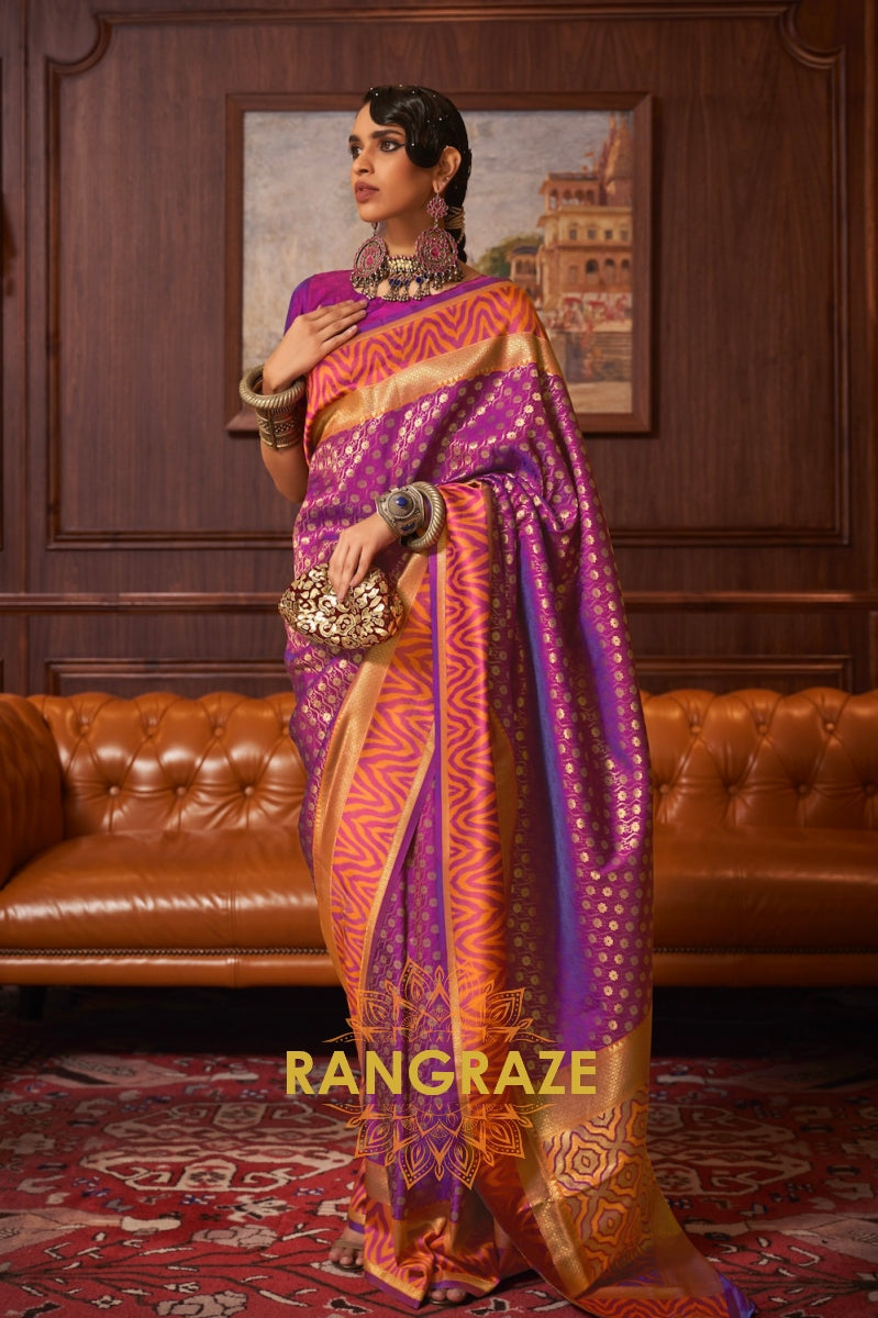 Purple Peach Woven Banarasi Silk Saree