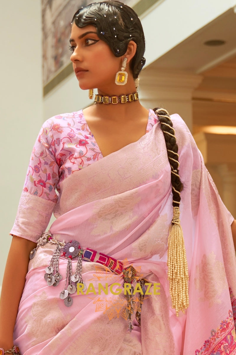 Baby Pink Woven Silk Saree With Kashmiri Pallu