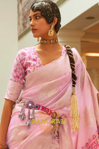 Baby Pink Woven Silk Saree With Kashmiri Pallu