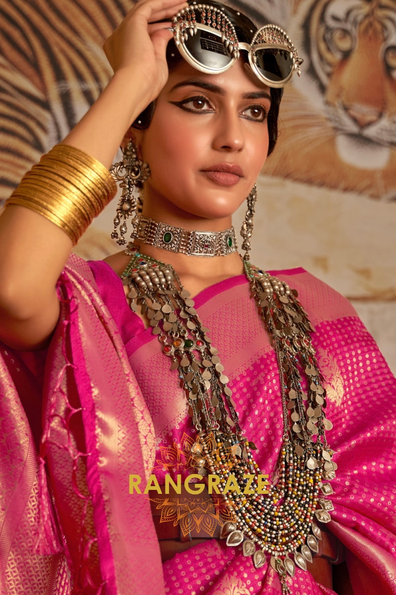 Pink Golden Double Tone Weaving Banarasi Silk Saree