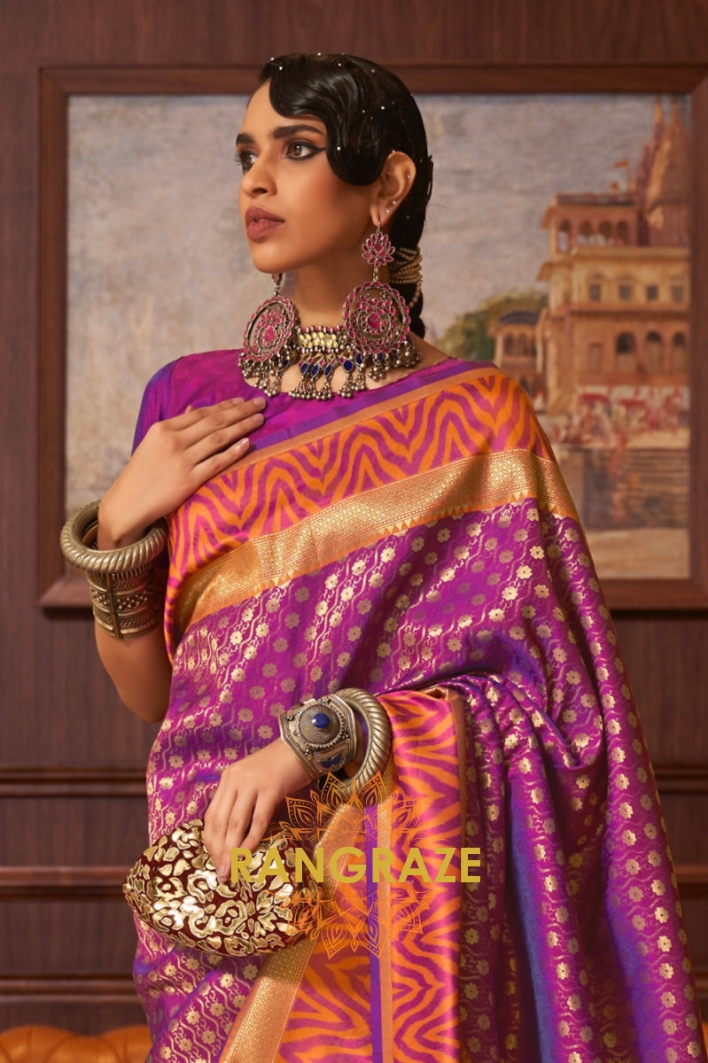 Purple Peach Woven Banarasi Silk Saree