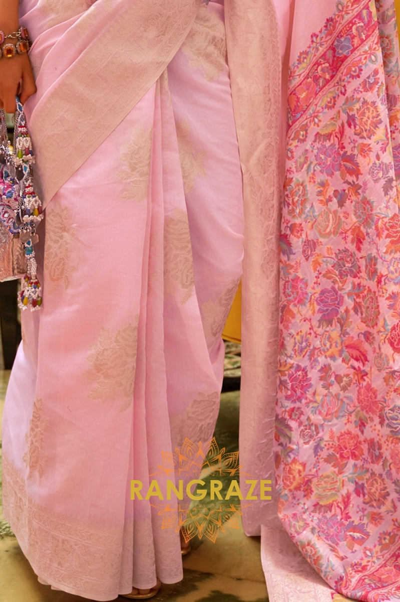 Baby Pink Woven Silk Saree With Kashmiri Pallu