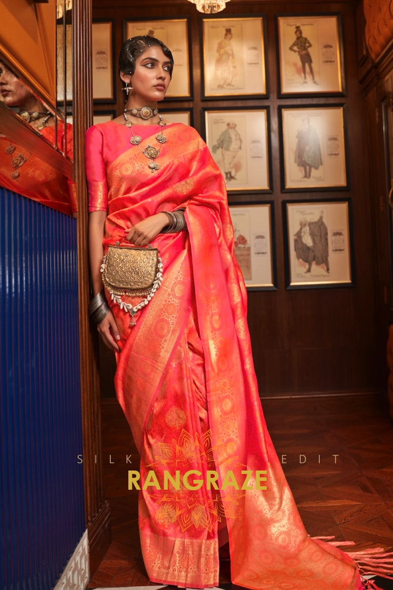 Peach Orange Woven Banarasi Silk Saree