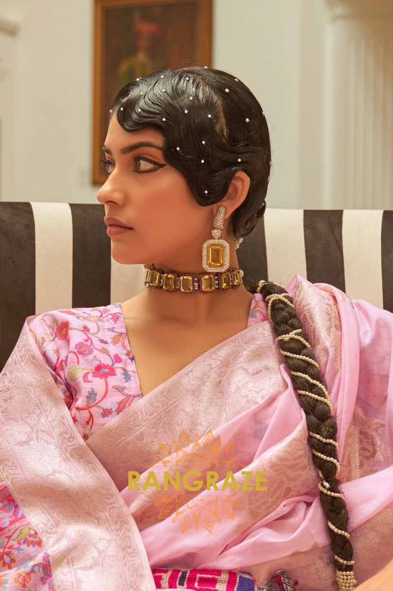 Baby Pink Woven Silk Saree With Kashmiri Pallu