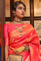 Peach Orange Woven Banarasi Silk Saree