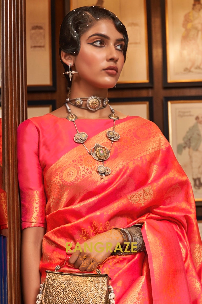 Peach Orange Woven Banarasi Silk Saree