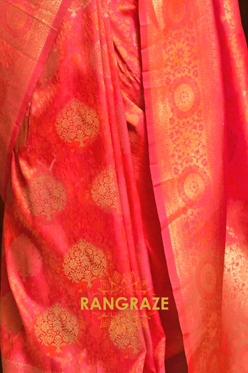 Peach Orange Woven Banarasi Silk Saree