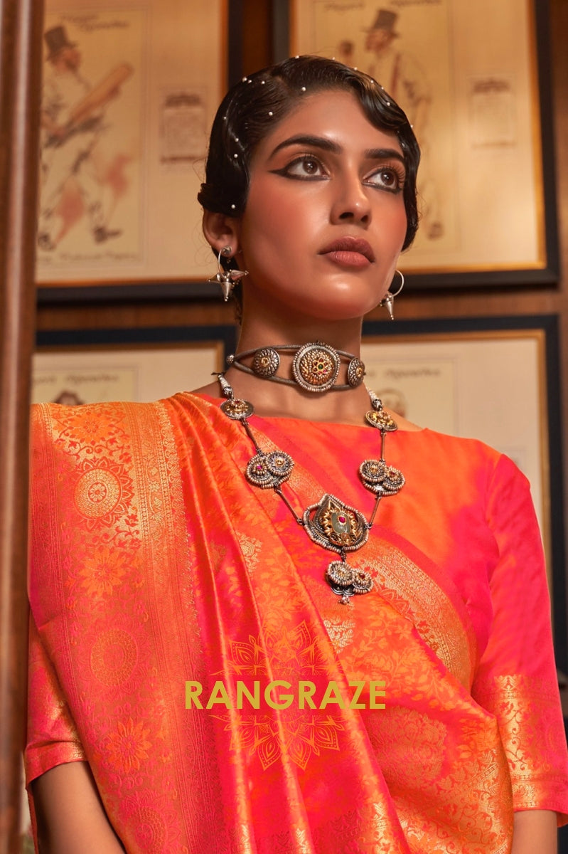 Peach Orange Woven Banarasi Silk Saree