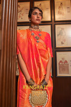 Peach Orange Woven Banarasi Silk Saree