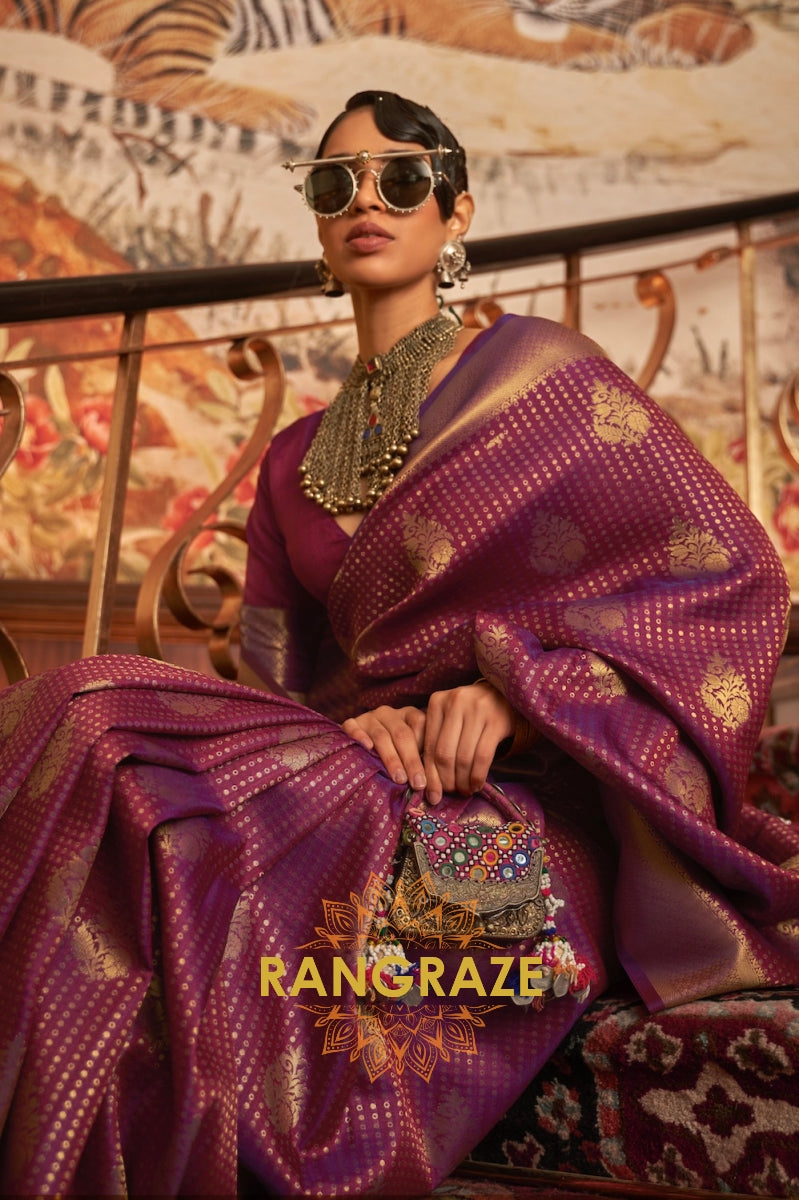 Purple Golden Double Tone Weaving Banarasi Silk Saree