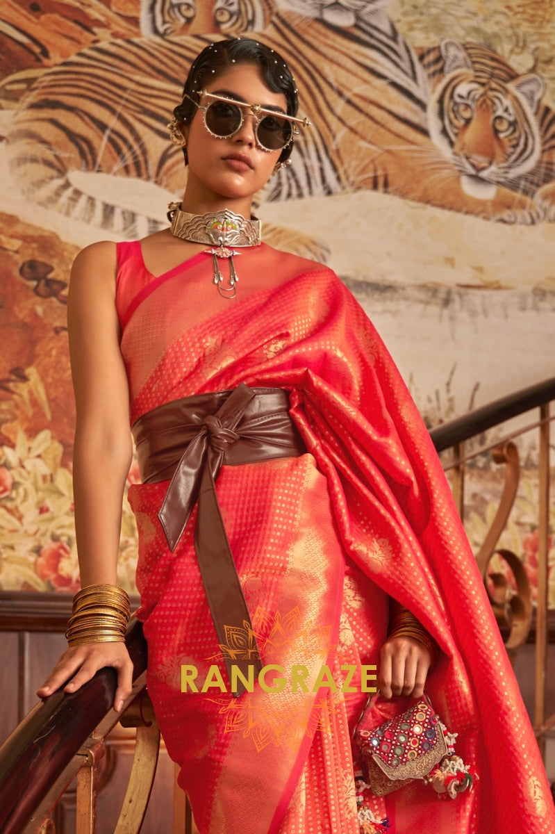 Peach Golden Double Tone Weaving Banarasi Silk Saree