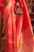 Peach Golden Double Tone Weaving Banarasi Silk Saree