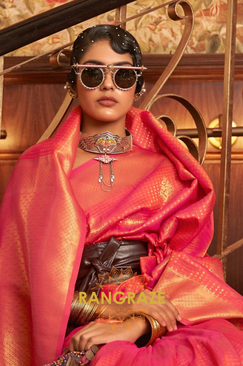 Peach Golden Double Tone Weaving Banarasi Silk Saree