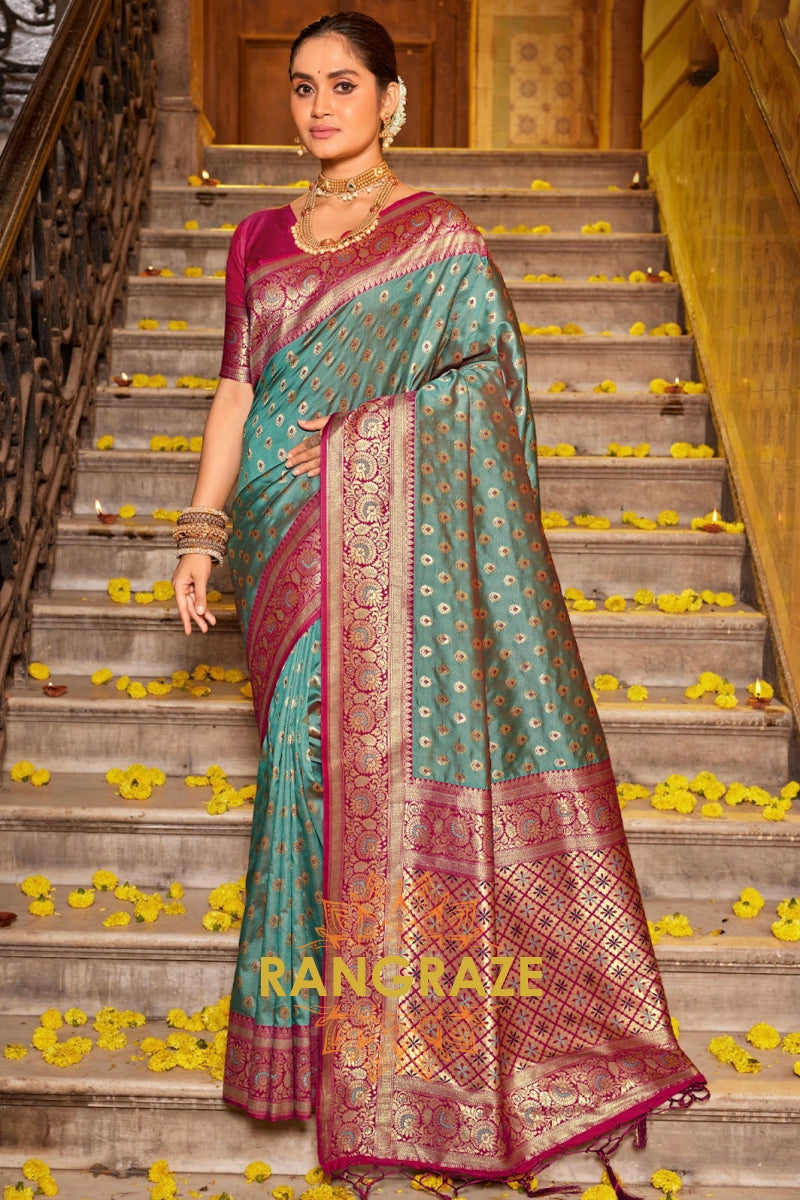 Mystic Turquoise Heavy Work Festive Banarasi Silk Saree