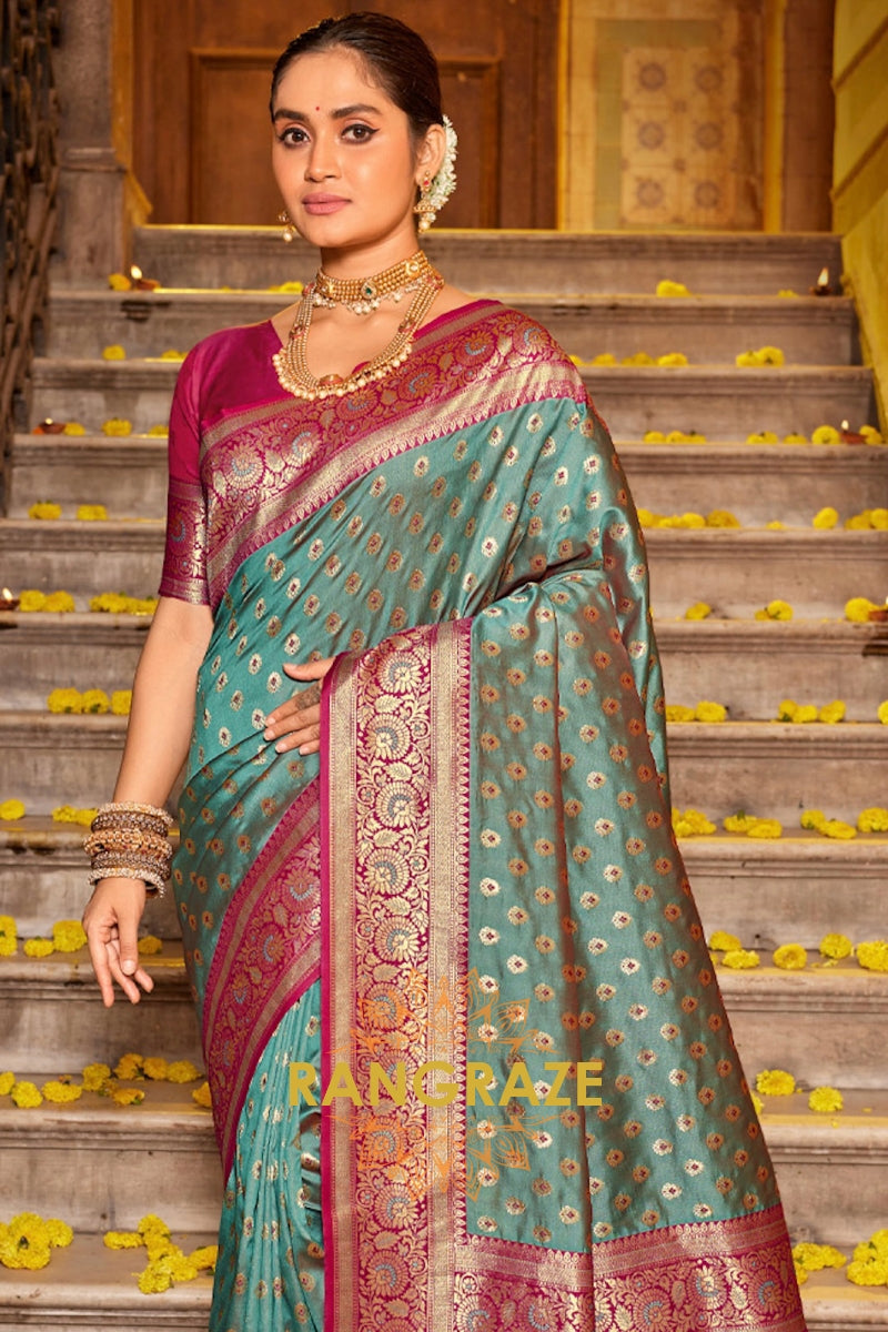 Mystic Turquoise Heavy Work Festive Banarasi Silk Saree