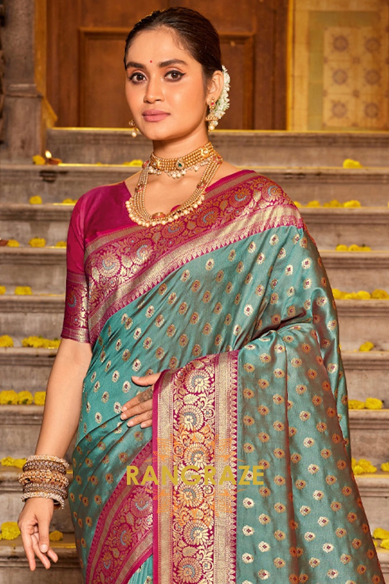 Mystic Turquoise Heavy Work Festive Banarasi Silk Saree