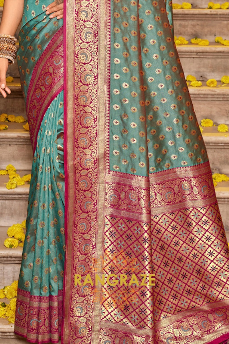 Mystic Turquoise Heavy Work Festive Banarasi Silk Saree