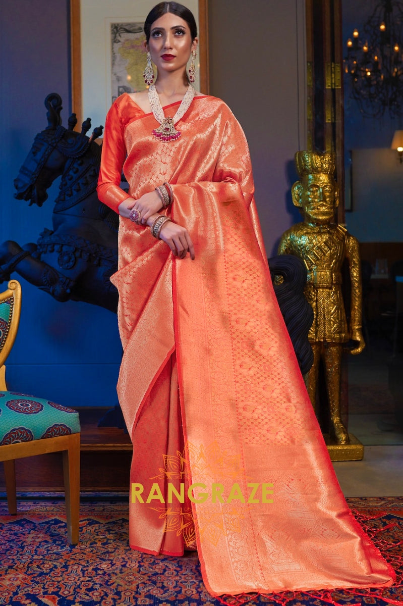 Orange Tinted Golden Kanjivaram Silk Saree