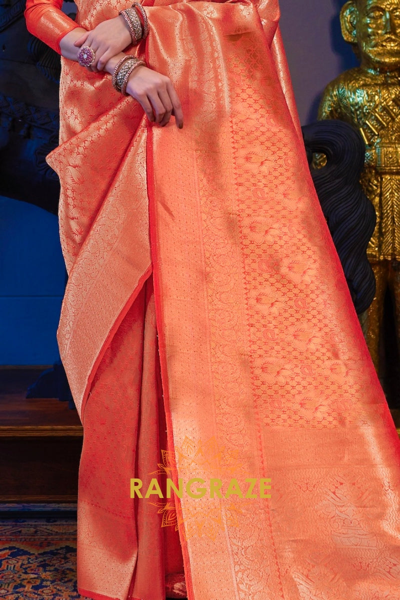 Orange Tinted Golden Kanjivaram Silk Saree