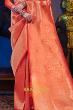 Orange Tinted Golden Kanjivaram Silk Saree