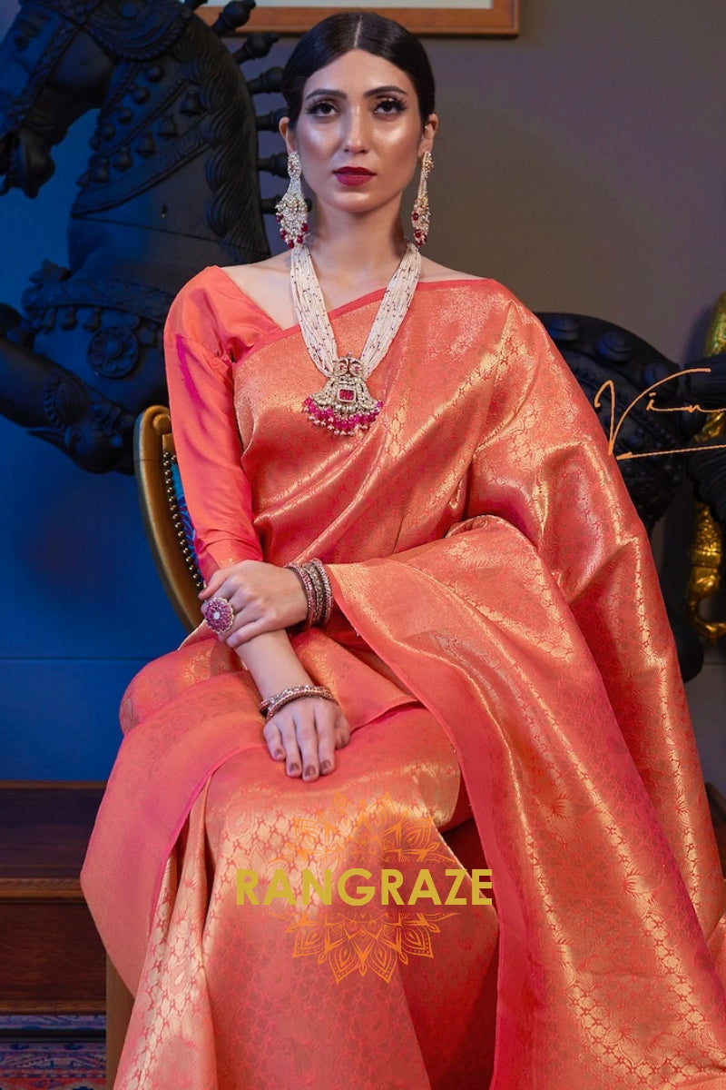 Orange Tinted Golden Kanjivaram Silk Saree