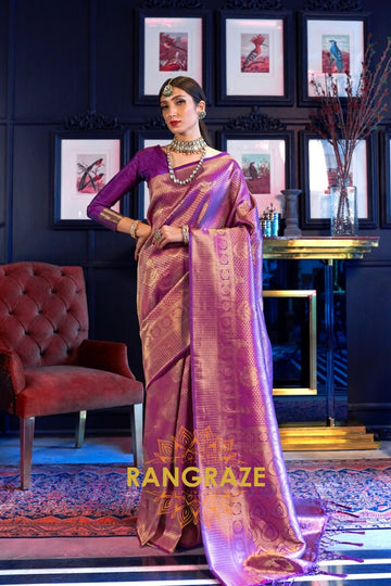 Wine Tinted Golden Kanjivaram Silk Saree