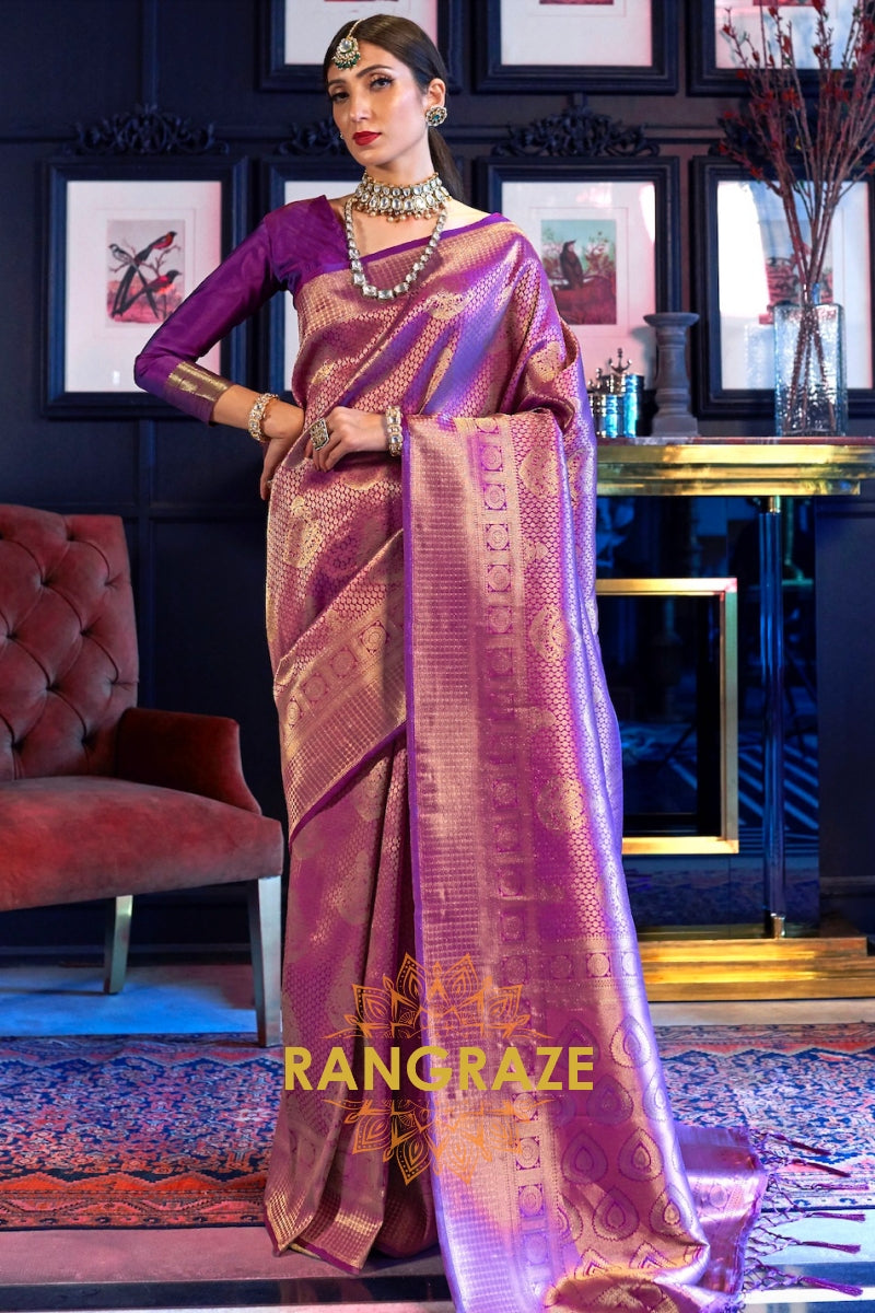 Wine Tinted Golden Kanjivaram Silk Saree