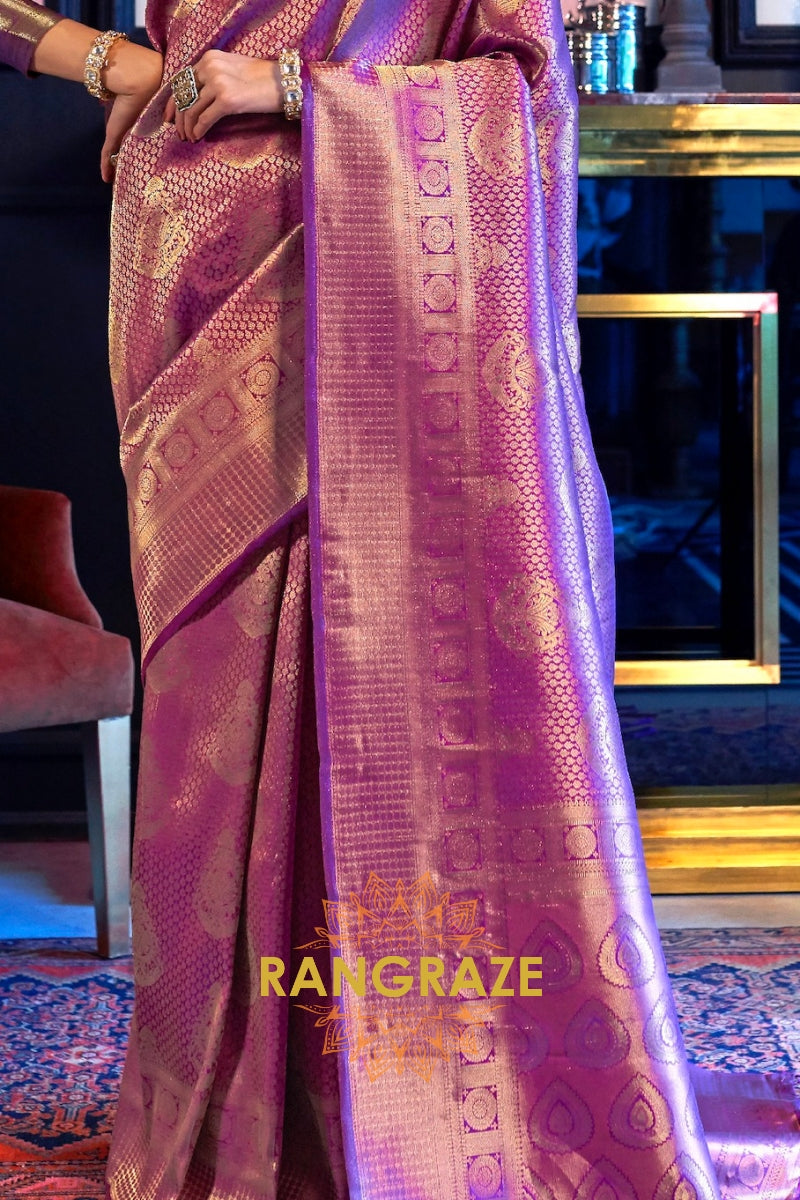 Wine Tinted Golden Kanjivaram Silk Saree