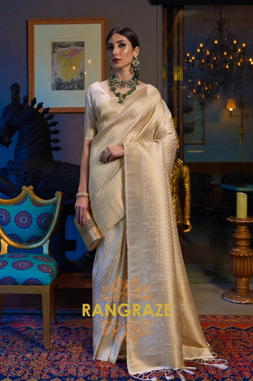 Royal Pearl White Golden Kanjivaram Silk Saree