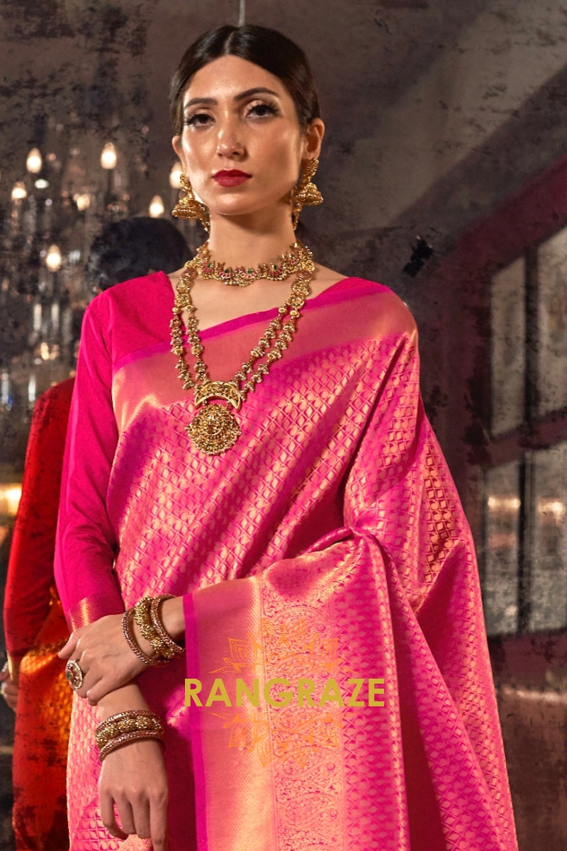 Royal Pink Golden Kanjivaram Silk Saree