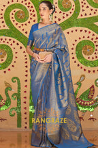 Royal Blue And Golden Zari Woven Kanjivaram Silk Saree