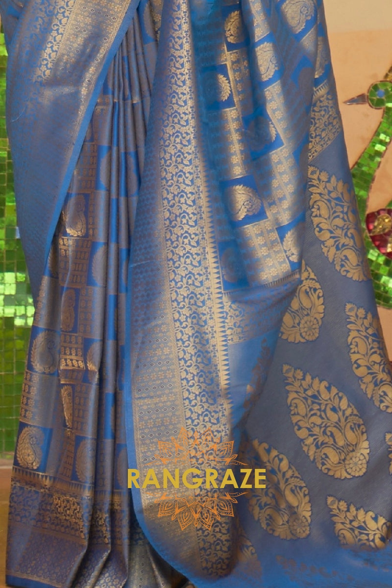 Royal Blue And Golden Zari Woven Kanjivaram Silk Saree