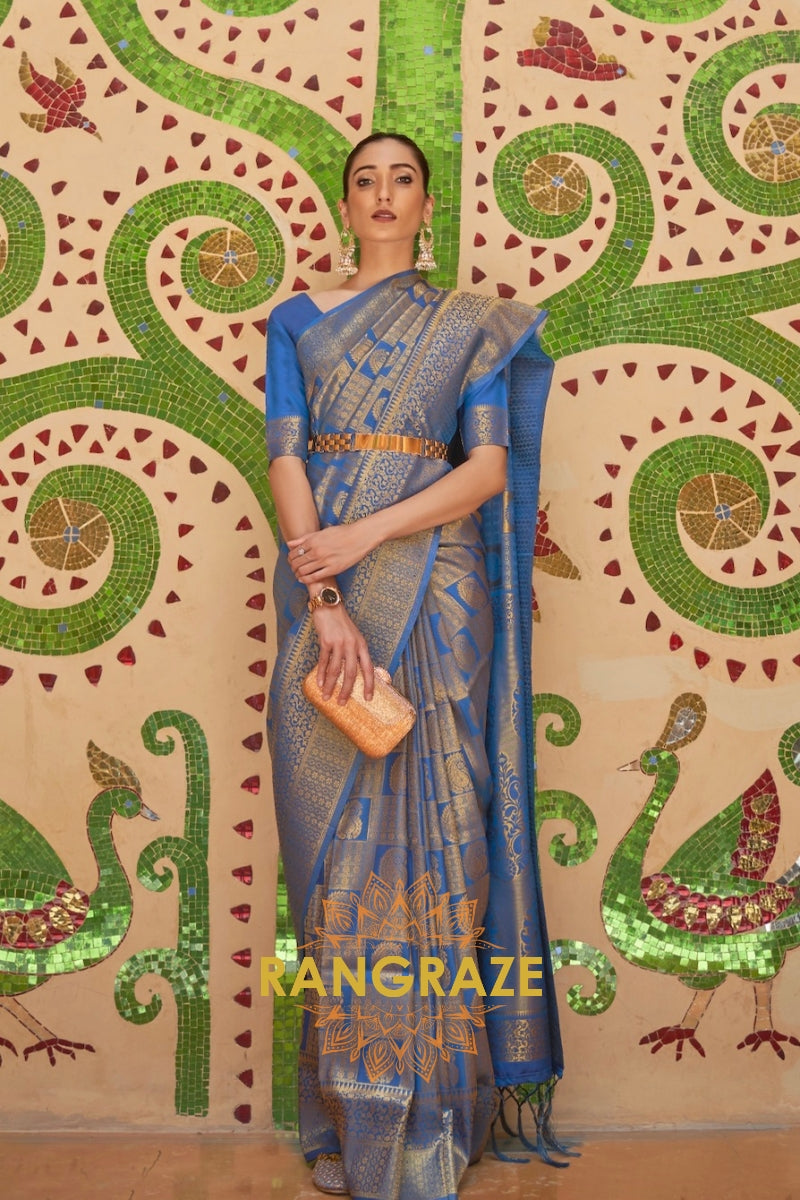 Royal Blue And Golden Zari Woven Kanjivaram Silk Saree