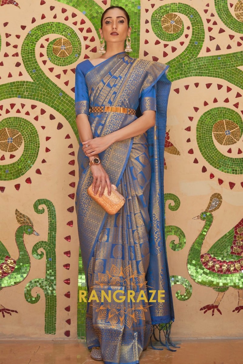 Royal Blue And Golden Zari Woven Kanjivaram Silk Saree