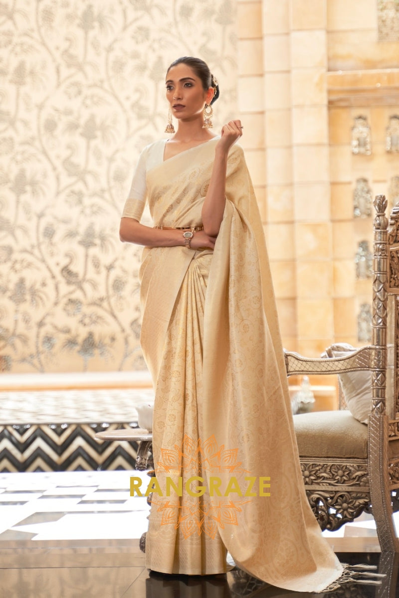 Pearl White And Golden Zari Woven Kanjivaram Silk Saree