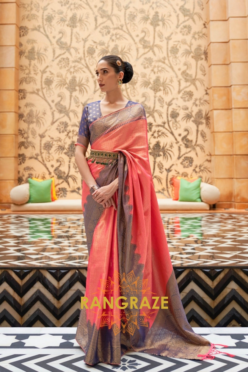 Punch Pink And Deep Blue Kanjivaram Silk Saree