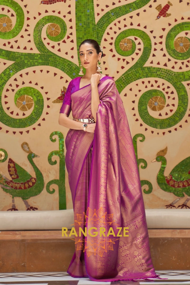 Royal Purple And Golden Zari Woven Kanjivaram Silk Saree