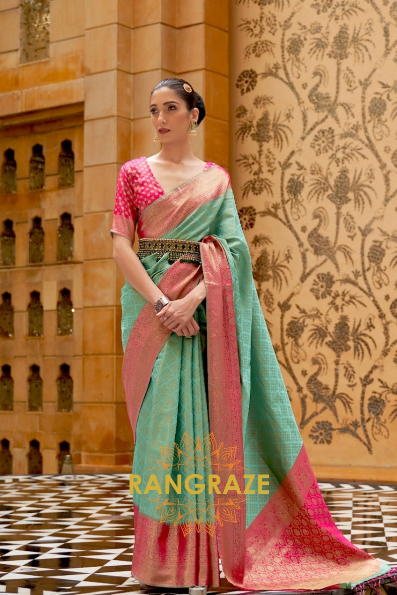 Caribbean Green And Pink Kanjivaram Silk Saree