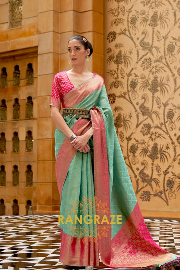 Caribbean Green And Pink Kanjivaram Silk Saree