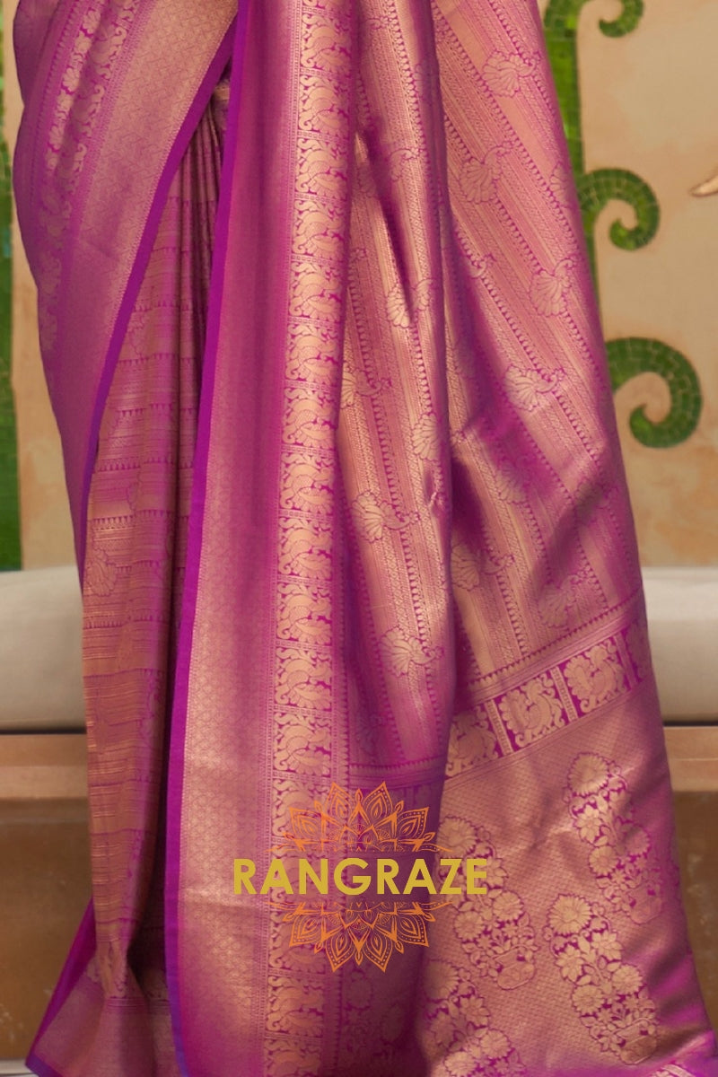 Royal Purple And Golden Zari Woven Kanjivaram Silk Saree