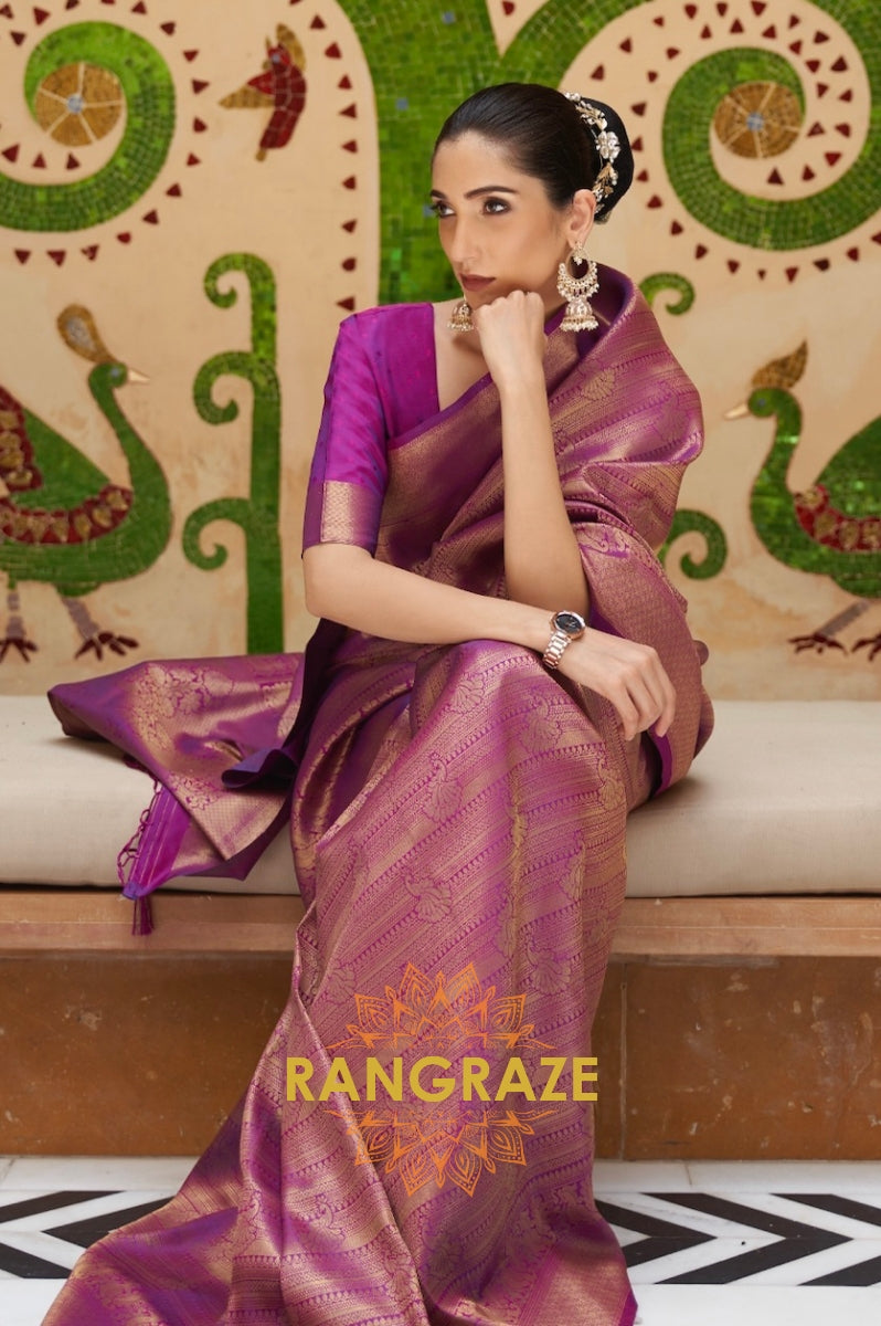 Royal Purple And Golden Zari Woven Kanjivaram Silk Saree