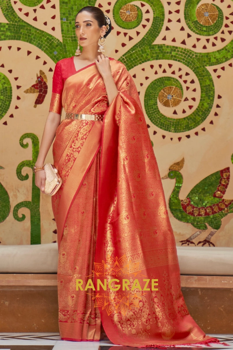 Crimson Red Zari Woven Kanjivaram Silk Saree