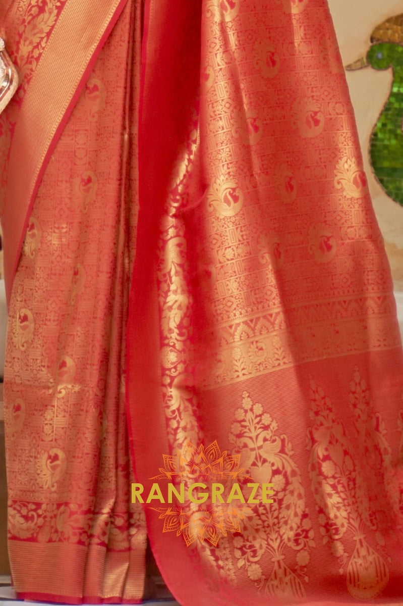 Crimson Red Zari Woven Kanjivaram Silk Saree