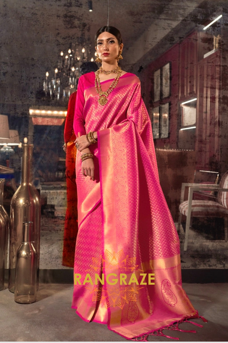 Royal Pink Golden Kanjivaram Silk Saree