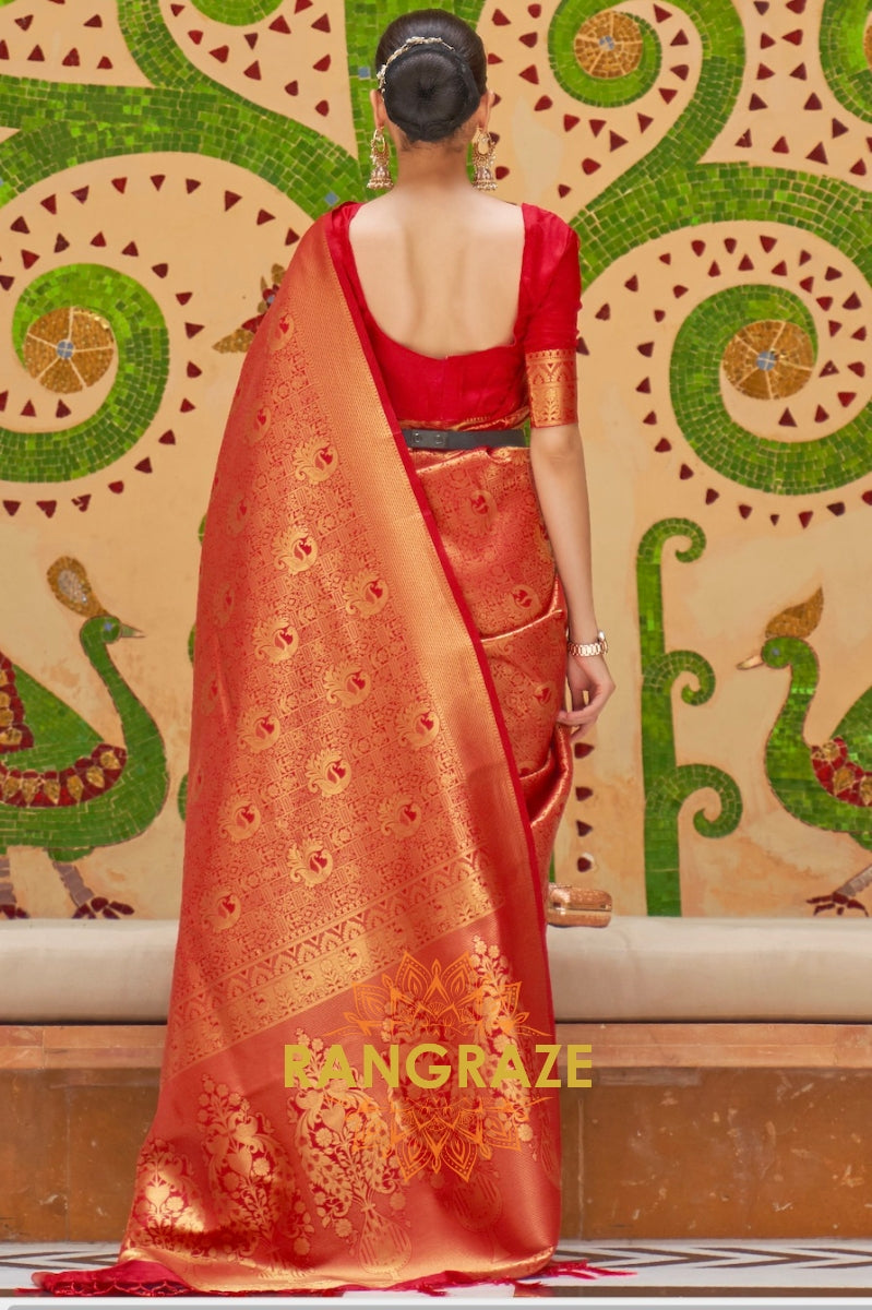 Crimson Red Zari Woven Kanjivaram Silk Saree