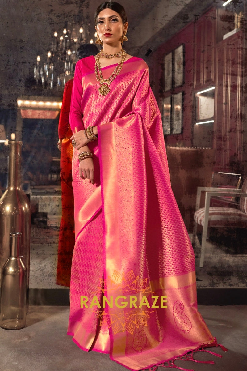 Royal Pink Golden Kanjivaram Silk Saree