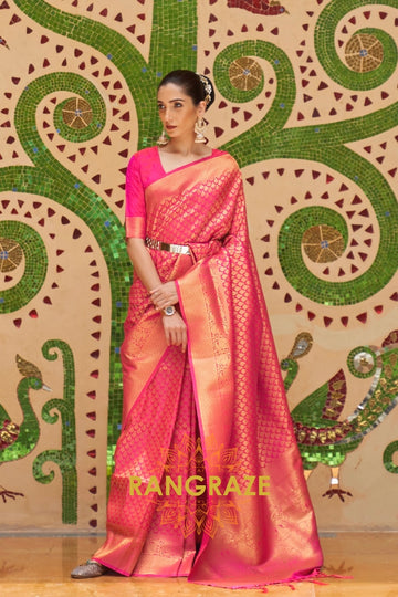 Rose Pink Zari Woven Kanjivaram Silk Saree